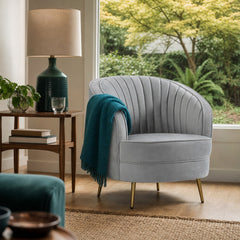 Sophia Upholstered Channel Tufted Barrel Accent Chair Grey styled in Portland Mt. Tabor mid-century daylight ranch living room - What&