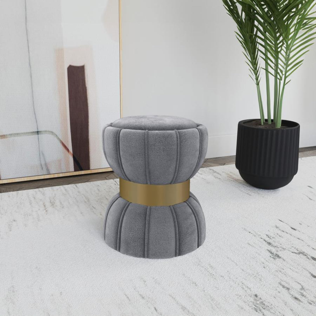 Sora Round Ottoman in Grey variant room setting - round upholstered ottoman by Coaster - Whats New Furniture Portland OR
