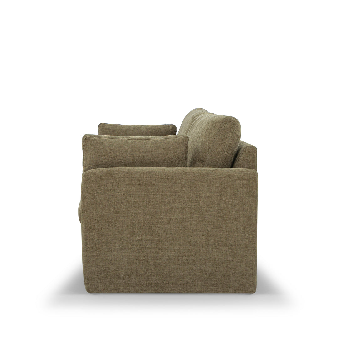 Soren Sofa in olive profile view - mid-century track-arm sofa private label - Whats New Furniture Portland OR
