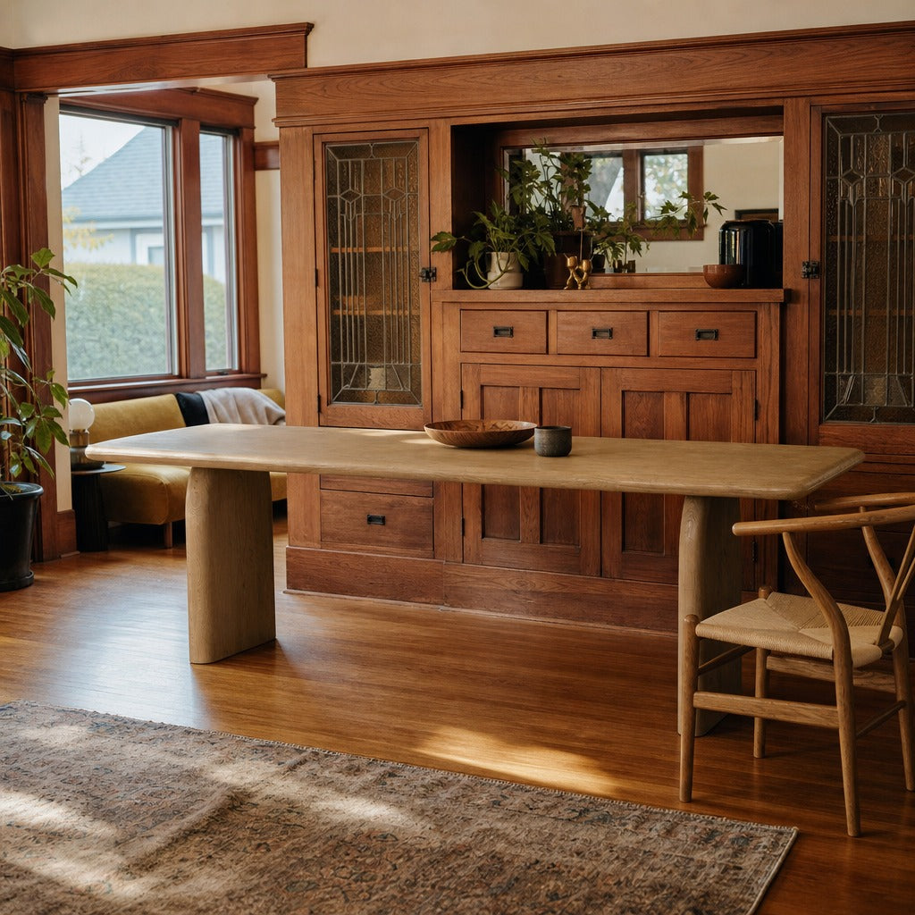 Sorrento Dining Table in Aged Drift Mindi 106" styled in Portland Irvington foursquare with original built-ins dining room - Whats New Furniture