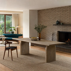 Sorrento Dining Table in Aged Drift Mindi 94" styled in Portland Mt. Tabor mid-century daylight ranch dining room - Whats New Furniture