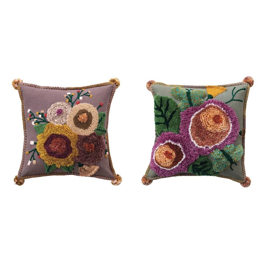 Square Cotton Tufted Floral Pillow w/ Pom Poms - tufted floral accent pillow by Creative Co-Op - Whats New Furniture Portland OR