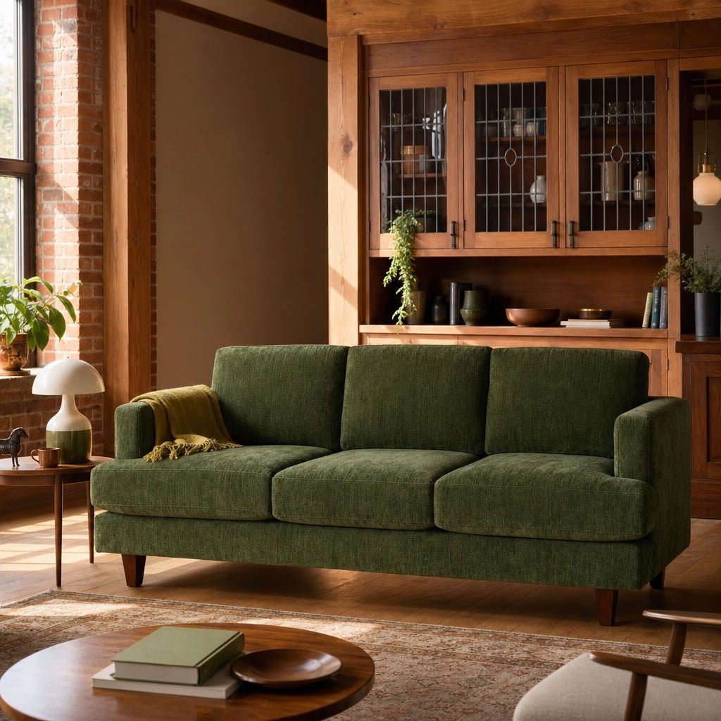 Alpine Sofa in Lush Spinach styled in a Portland warehouse loft living room - Whats New Furniture