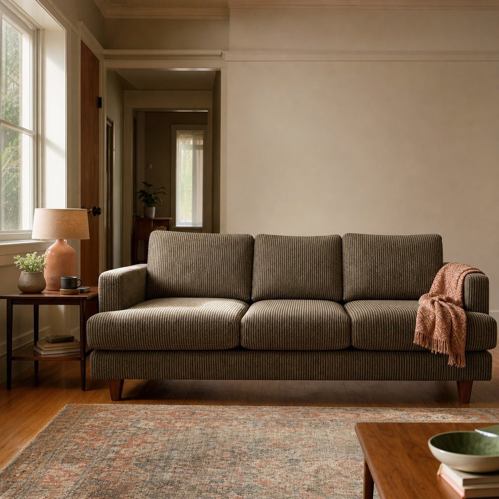 Alpine Sofa in Starmount Pistachio styled in a Portland Garden Home ranch living room - Whats New Furniture