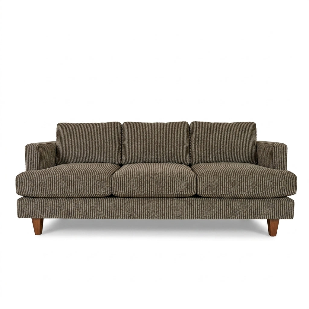 Alpine Sofa in Starmount Pistachio sage-brown striped chenille fabric - plush mid-century modern sofa by Stanton - Whats New Furniture Portland OR