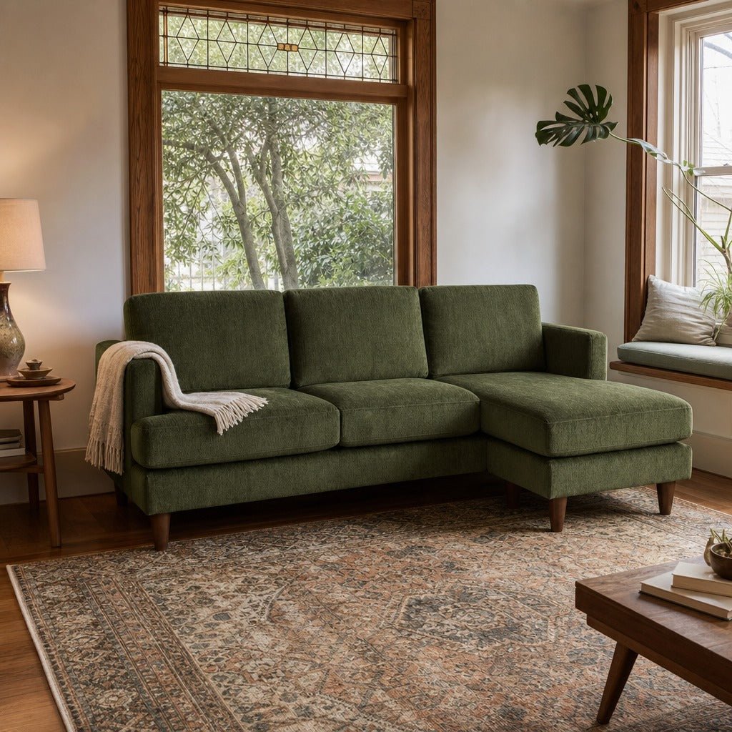 Alpine Sofa Chaise in Lush Spinach styled in a Portland Sellwood cottage living room - Whats New Furniture