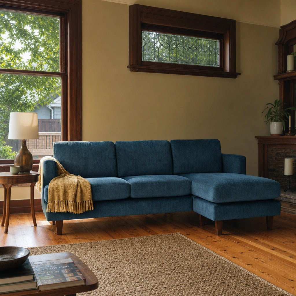 Alpine Sofa Chaise in Lush Turquoise styled in a Portland Hawthorne Craftsman living room - Whats New Furniture