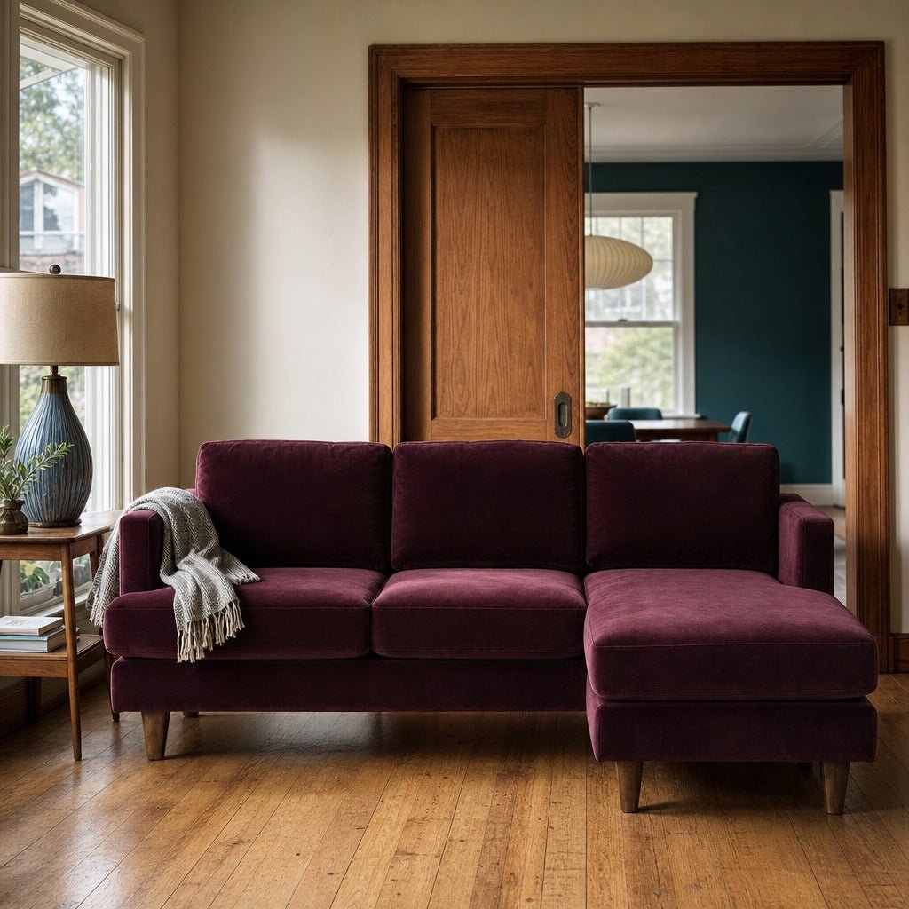 Alpine Sofa Chaise in Marquis Aubergine styled in a Portland Alberta Arts foursquare living room - Whats New Furniture