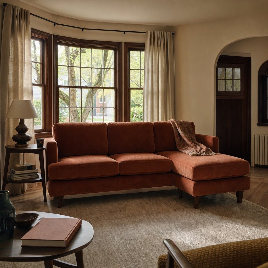 Alpine Sofa Chaise in Marquis Rust styled in a Portland Laurelhurst Tudor living room - Whats New Furniture
