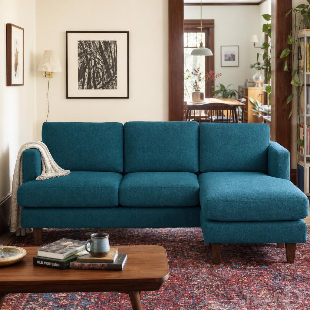 Alpine Sofa Chaise in Sensation Turquoise, right chaise sofa in a Portland living room - Whats New Furniture