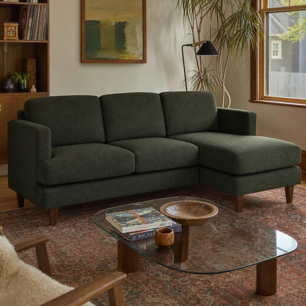 Alpine Sofa Chaise in Shep Kale, right chaise sofa in a Portland living room - Whats New Furniture