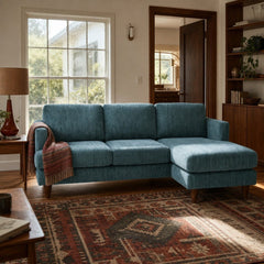 Alpine Sofa Chaise in Tribute Seamist styled in a Portland Mt. Tabor mid-century ranch living room - Whats New Furniture