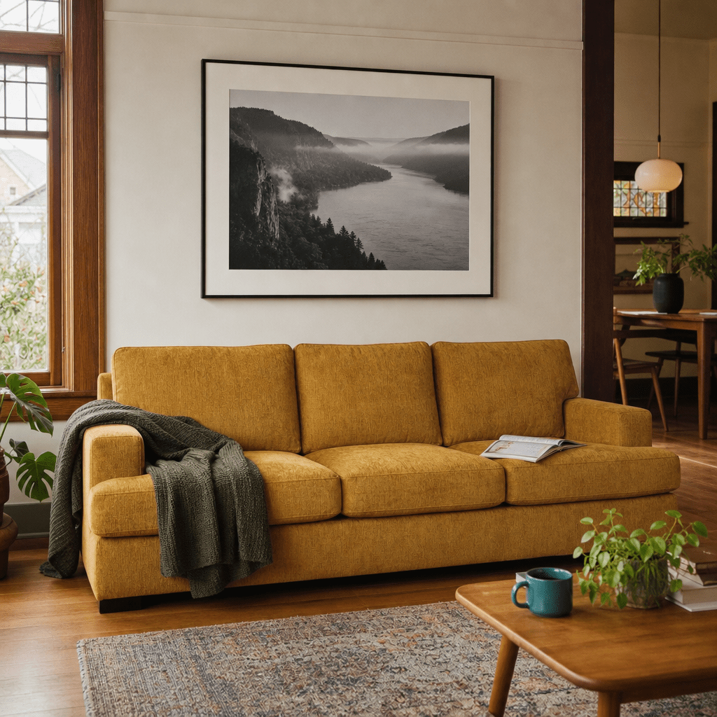 Aurora Sofa in Vintage Saffron room setting - Oregon-made Stanton sofa in a Portland Craftsman living room