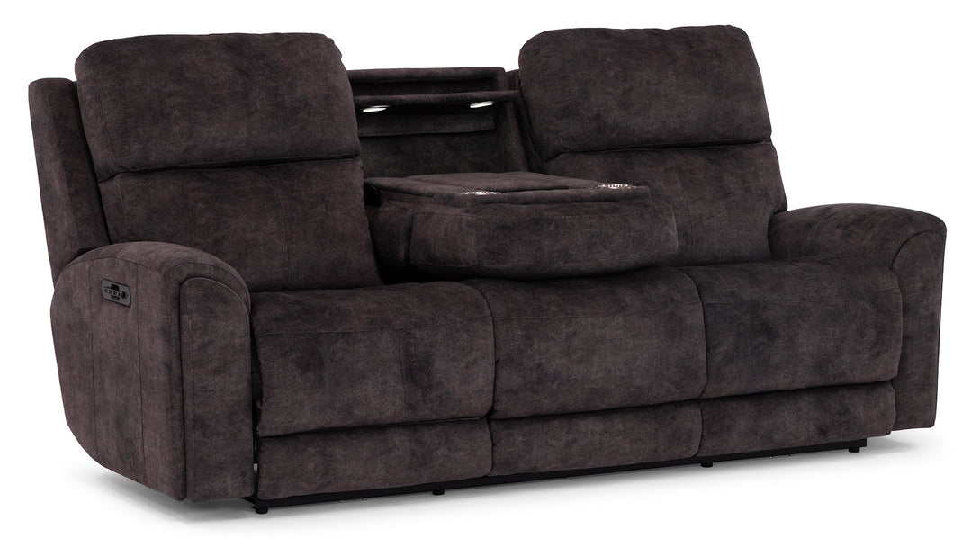 Bachelor reclining sofa front view — Oregon-made custom fabric sofa