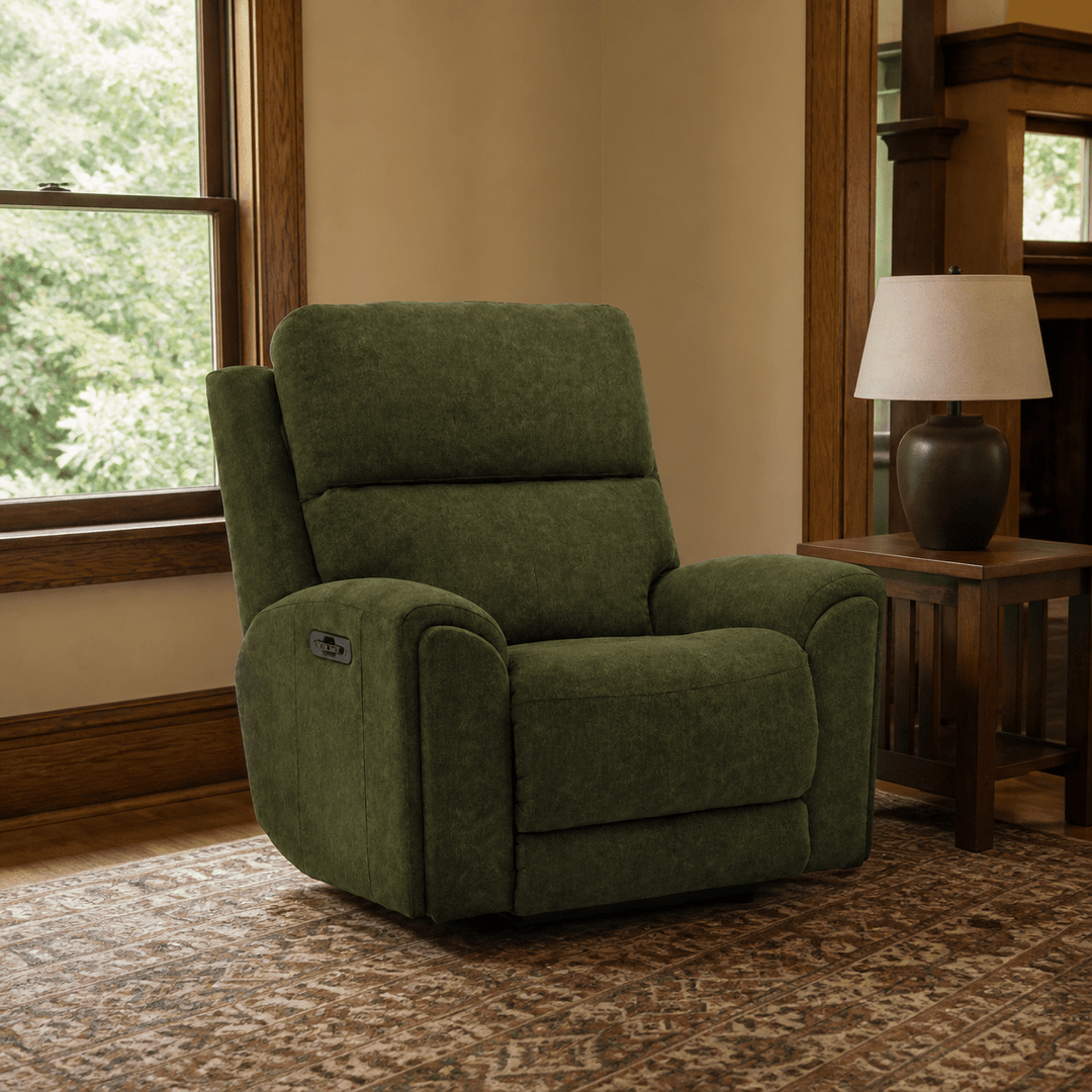 Bachelor Power Recliner Chair in Lush Spinach styled in a Portland living room - Whats New Furniture