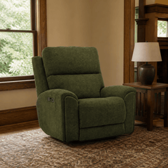 Bachelor Power Recliner Chair in Lush Spinach styled in a Portland living room - Whats New Furniture