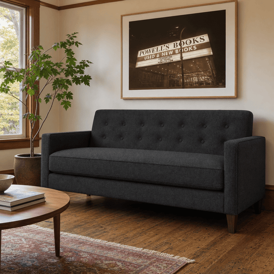 Blazer Loft Sofa in Dominator Charcoal charcoal performance styled in a Portland mid-century living room - Whats New Furniture