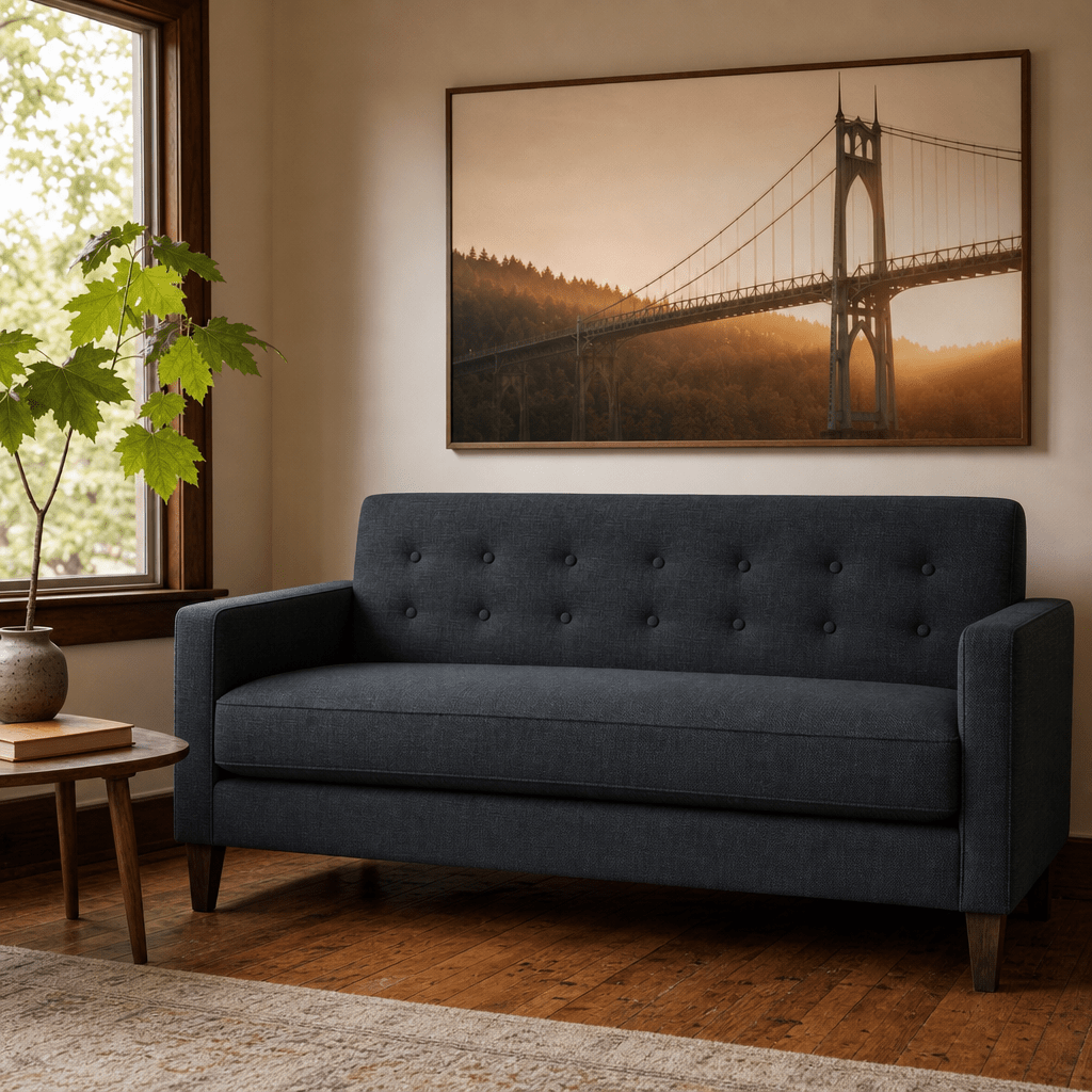 Blazer Loft Sofa in Lilou Denim navy denim chenille styled in a Portland mid-century living room - Whats New Furniture