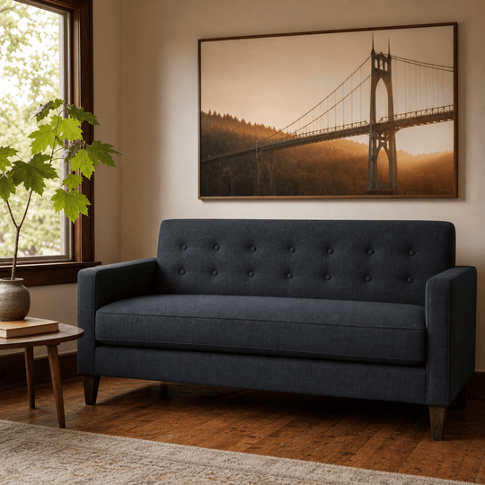 Blazer Loft Sofa in Lilou Denim navy denim chenille styled in a Portland mid-century living room - Whats New Furniture