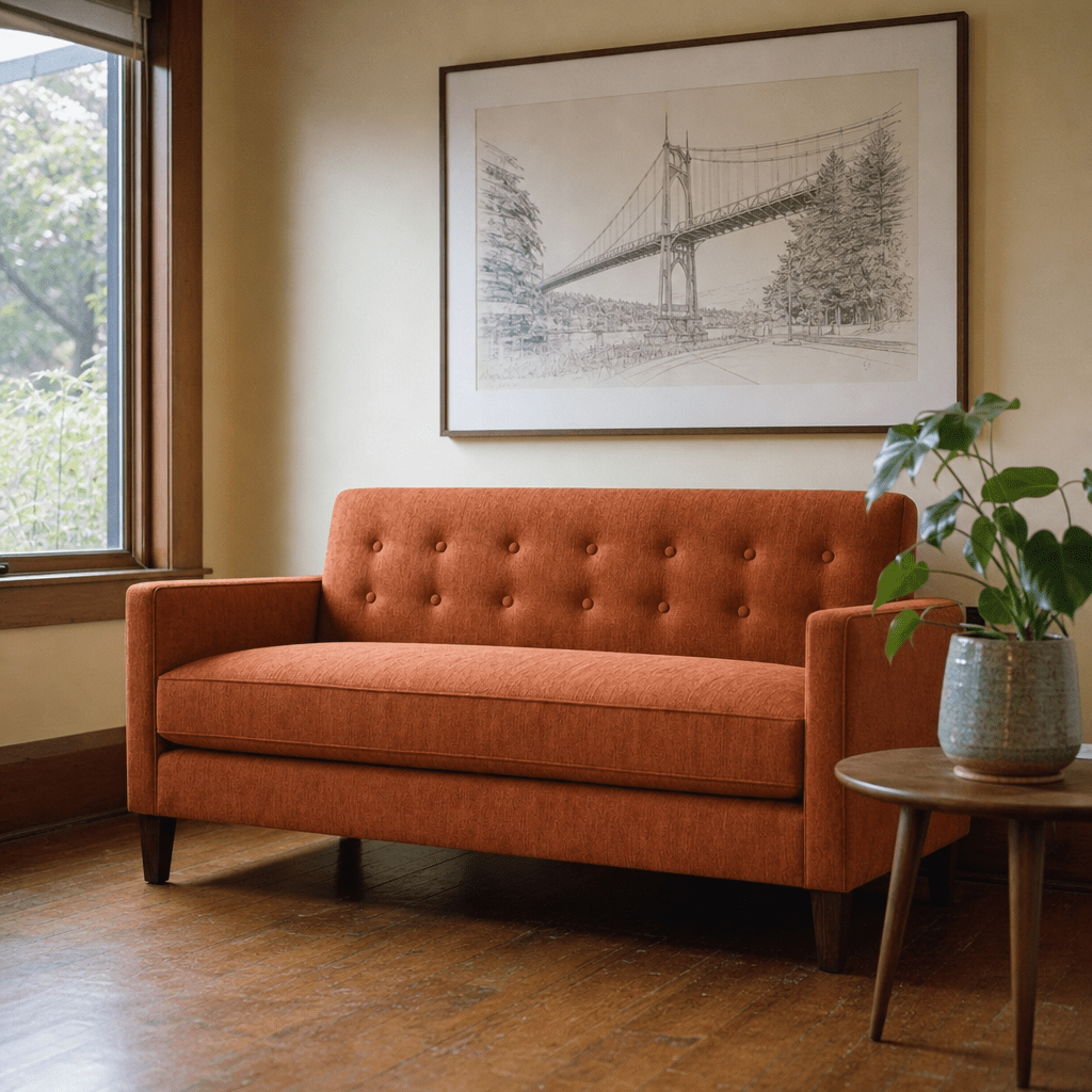 Blazer Loft Sofa in Lush Papaya warm coral chenille styled in a Portland mid-century living room - Whats New Furniture
