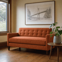 Blazer Loft Sofa in Lush Papaya warm coral chenille styled in a Portland mid-century living room - Whats New Furniture