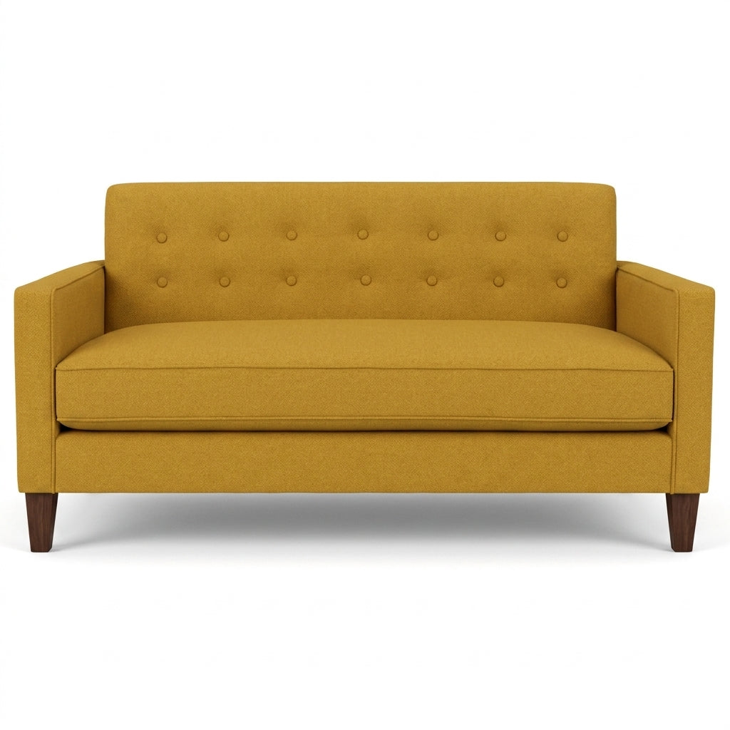 Blazer Loft Sofa in Vintage Saffron mustard woven front view - mid-century apartment sofa by Stanton - Whats New Furniture Portland OR