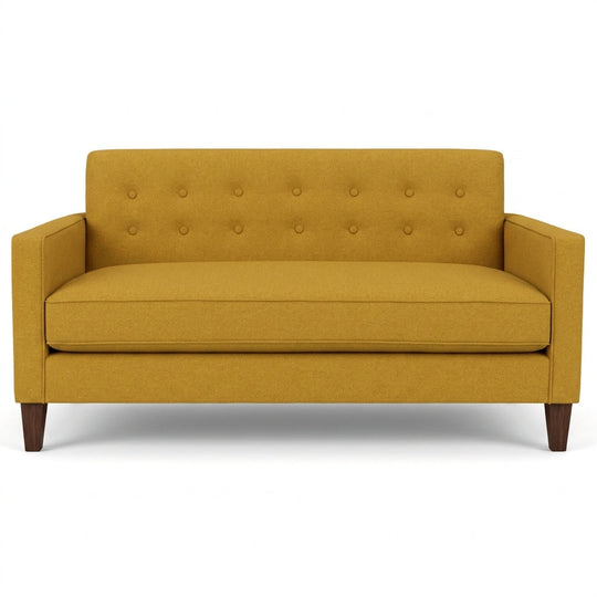 Blazer Loft Sofa in Vintage Saffron mustard woven front view - mid-century apartment sofa by Stanton - Whats New Furniture Portland OR