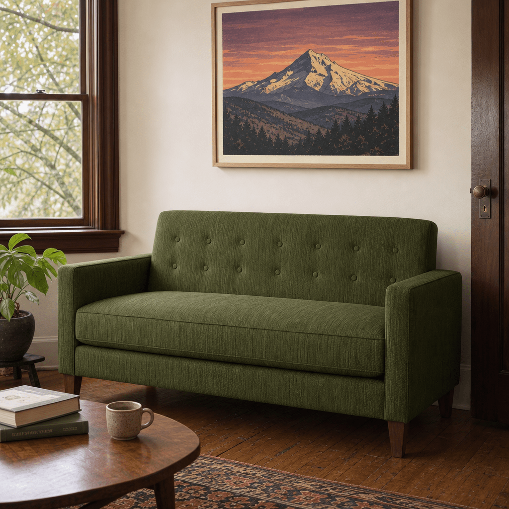 Blazer Loft Sofa in Lush Spinach forest green chenille styled in a Portland mid-century living room - Whats New Furniture