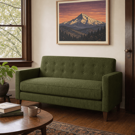 Blazer Loft Sofa in Lush Spinach forest green chenille styled in a Portland mid-century living room - Whats New Furniture