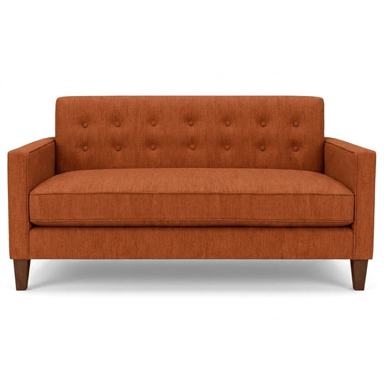 Blazer Loft Sofa in Lush Papaya warm coral chenille front view - mid-century apartment sofa by Stanton - Whats New Furniture Portland OR