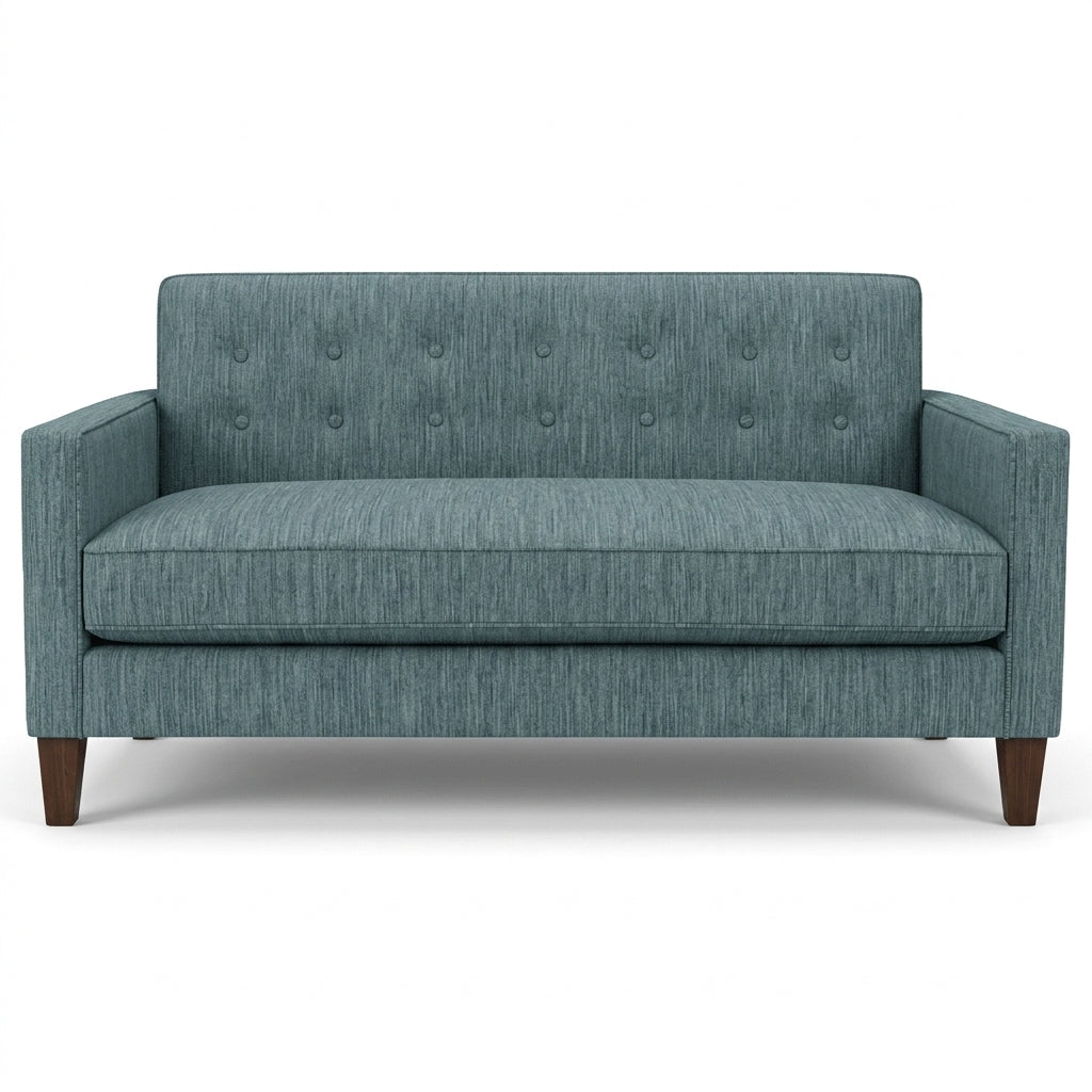 Blazer Loft Sofa in Tribute Seamist blue-grey woven front view - mid-century apartment sofa by Stanton - Whats New Furniture Portland OR