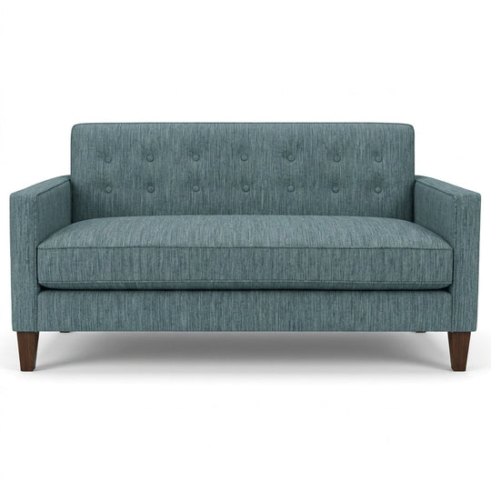 Blazer Loft Sofa in Tribute Seamist blue-grey woven front view - mid-century apartment sofa by Stanton - Whats New Furniture Portland OR