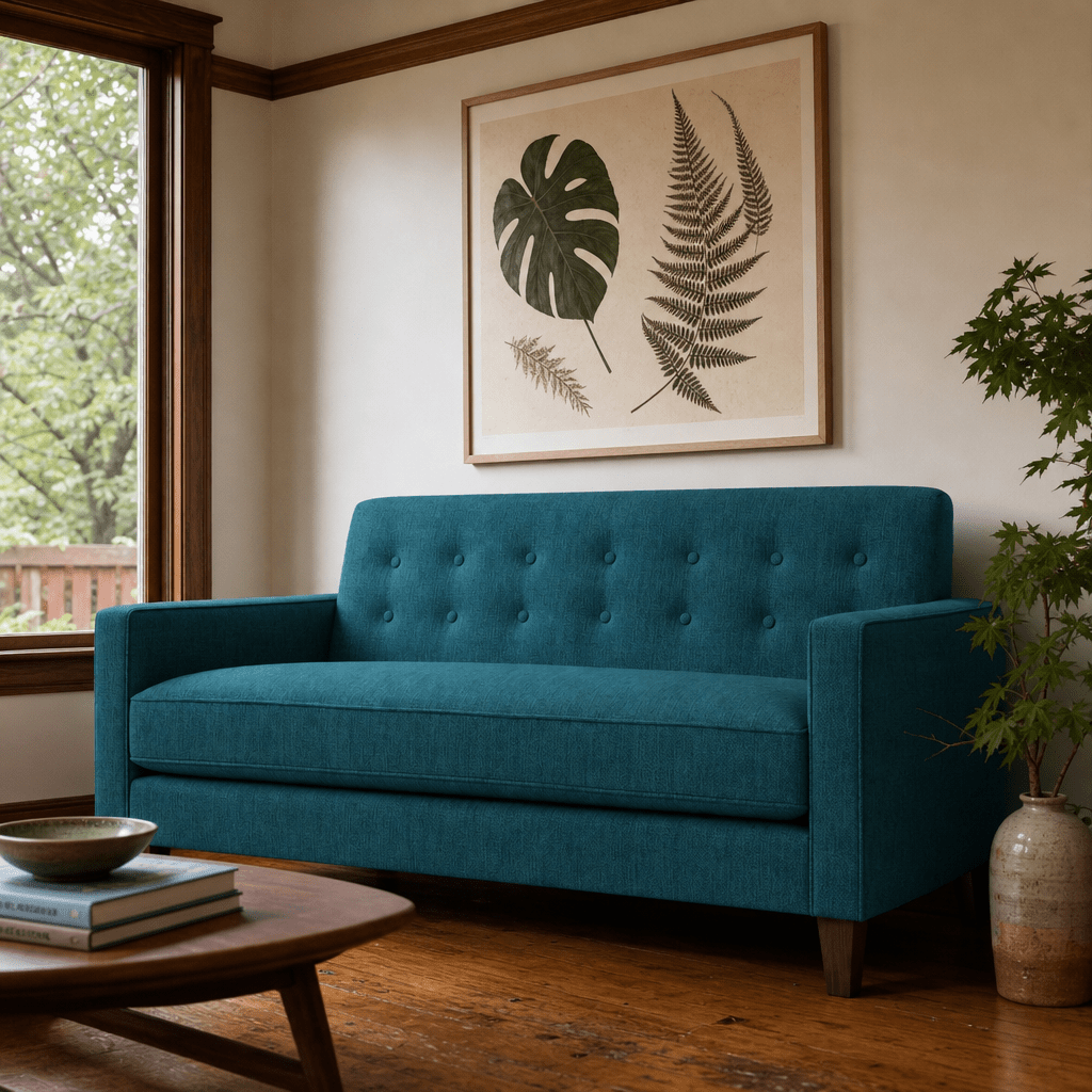 Blazer Loft Sofa in Lush Turquoise deep teal chenille styled in a Portland mid-century living room - Whats New Furniture