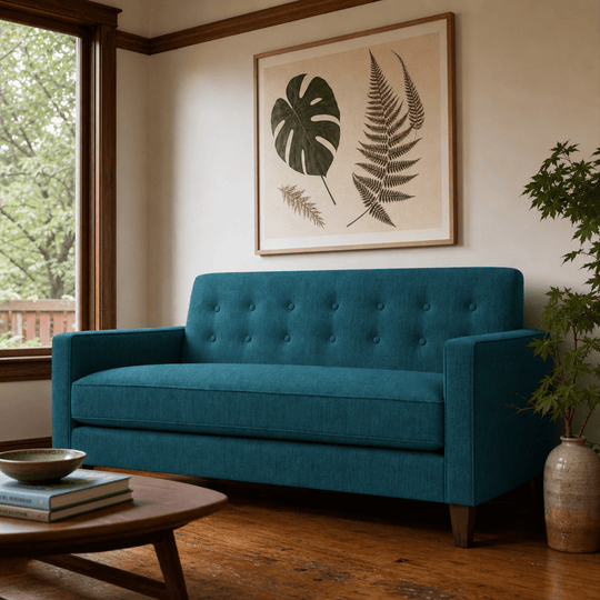 Blazer Loft Sofa in Lush Turquoise deep teal chenille styled in a Portland mid-century living room - Whats New Furniture