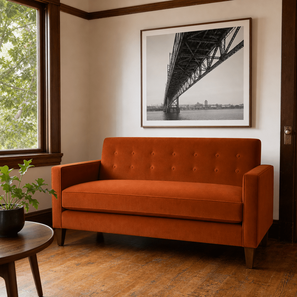 Blazer Loft Sofa in Marquis Rust rust velvet styled in a Portland mid-century living room - Whats New Furniture