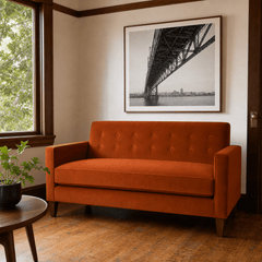 Blazer Loft Sofa in Marquis Rust rust velvet styled in a Portland mid-century living room - Whats New Furniture