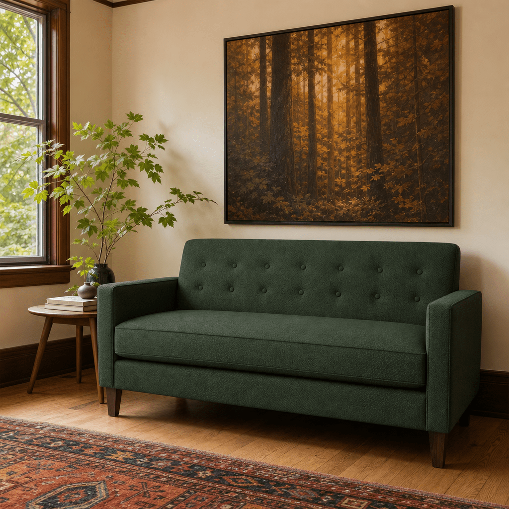 Blazer Loft Sofa in Rio Spinach deep emerald chenille styled in a Portland mid-century living room - Whats New Furniture