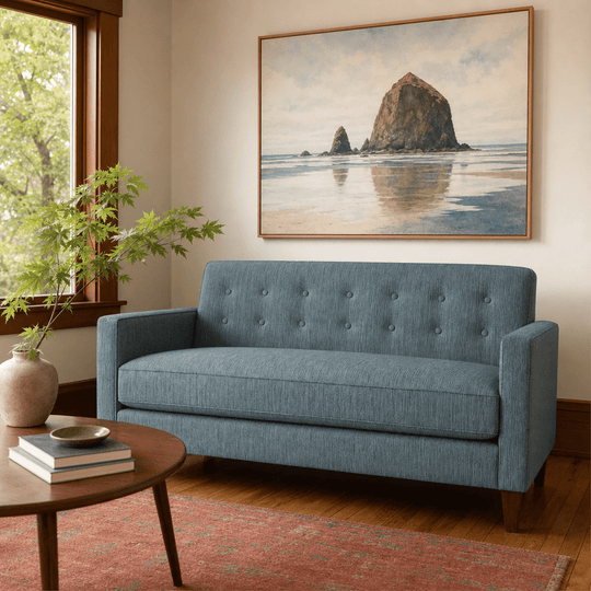 Blazer Loft Sofa in Tribute Seamist blue-grey woven styled in a Portland mid-century living room - Whats New Furniture