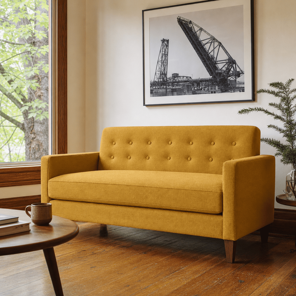 Blazer Loft Sofa in Vintage Saffron mustard woven styled in a Portland mid-century living room - Whats New Furniture
