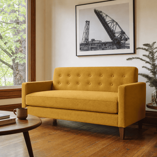 Blazer Loft Sofa in Vintage Saffron mustard woven styled in a Portland mid-century living room - Whats New Furniture