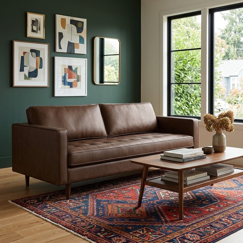 Clubhouse Vegan Leather Apartment Sofa in Walnut styled in a bright Portland mid-century modern living room - Whats New Furniture