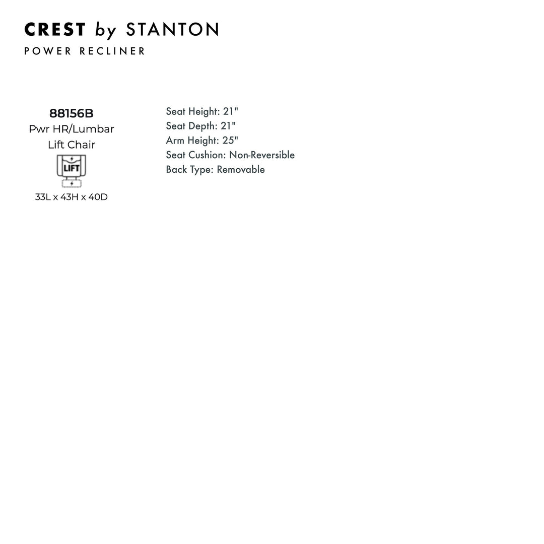 Crest Power Recliner in custom fabric spec sheet - power recliner by Stanton - Whats New Furniture Portland OR