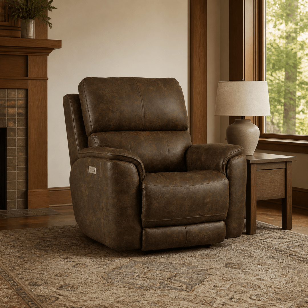 Frame 727 Leather Power Recliner in Ingenuity Tobacco styled in a Portland living room - Whats New Furniture