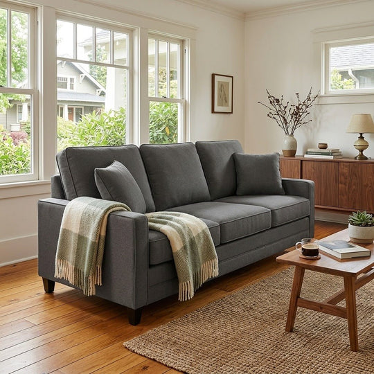 Haven Queen Sleeper Sofa in Luscious Shitake styled in a Portland craftsman living room - Whats New Furniture