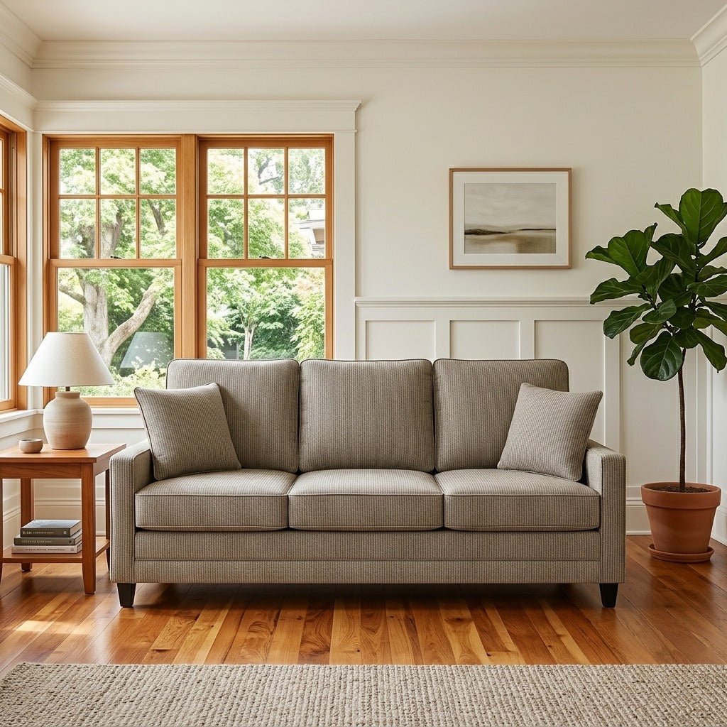 Haven Queen Sleeper Sofa in Promise Birch fabric colorway room setting - Oregon-made queen sleeper sofa by Stanton - Whats New Furniture Portland OR
