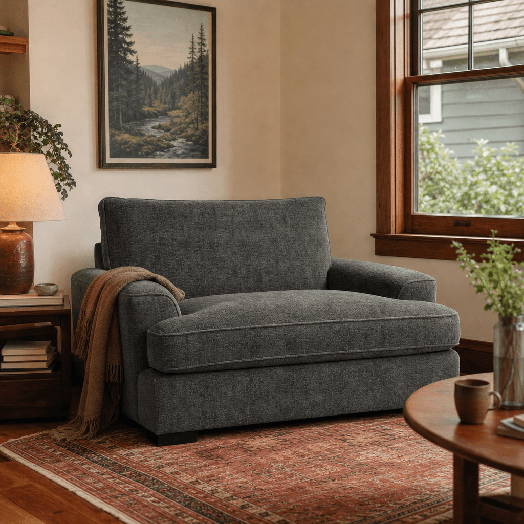 Horizon Double Chair in Polar Dark Grey styled in a Portland Craftsman living room - Whats New Furniture