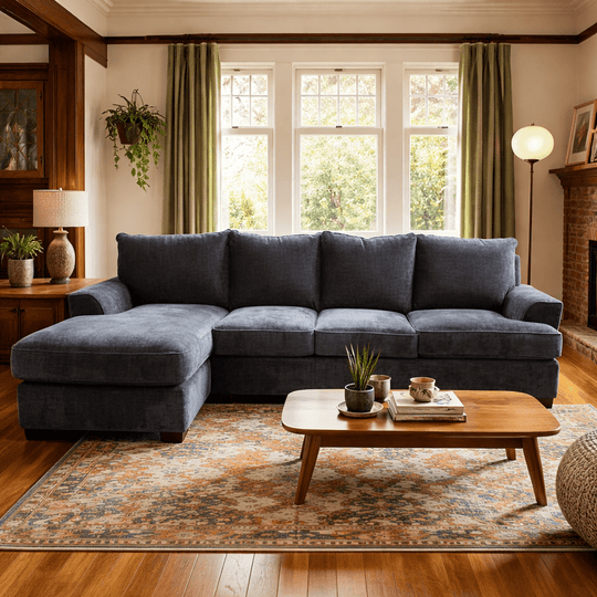 Horizon Sofa Chaise in Polar Midnight side angle - sectional sofa with chaise by Stanton - Whats New Furniture Portland OR