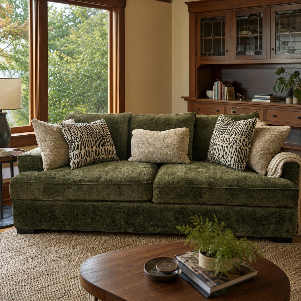 Horizon Sofa in Ventana Olive styled in a Portland Craftsman living room - Whats New Furniture