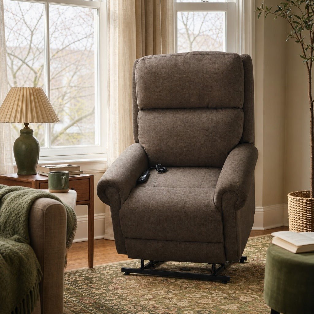 Kearney Power Lift Recliner in Polo Club Java styled in a Portland Sellwood cottage living room — What&