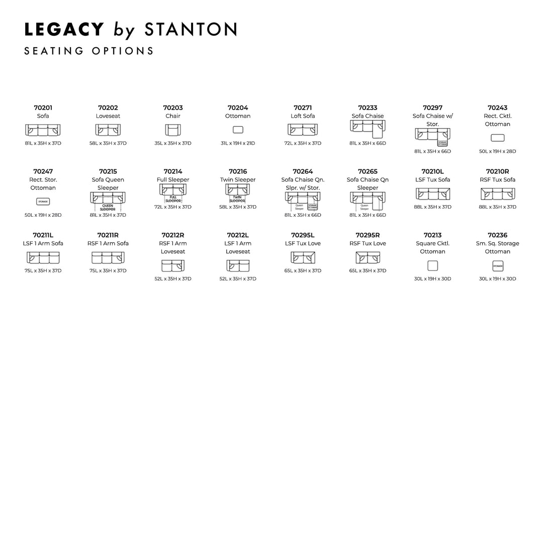 Legacy Custom Sofa / Sectional and Sofa Bed spec sheet - custom Stanton seating - Whats New Furniture Portland OR
